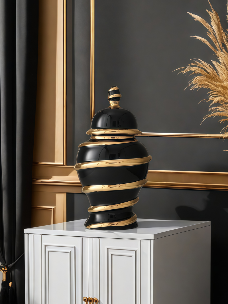 1 vase décoratif en céramique à rayures dorées avec couvercle, design léger et luxueux, pouvant contenir de l'eau, pour arrangement floral, vase décoratif_voghion.com