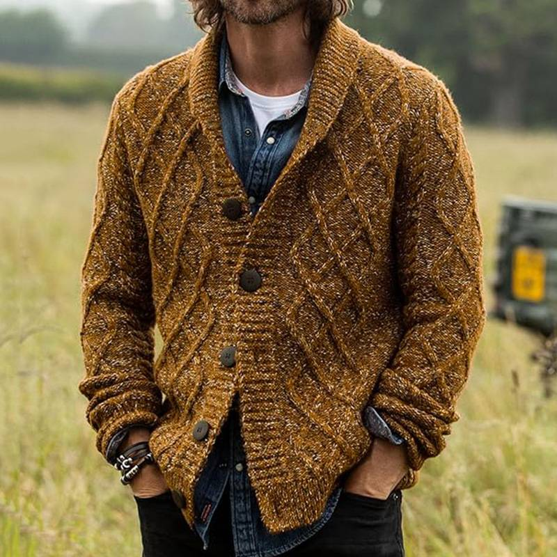 Men's Diamond Pattern Knit Cardigan – Retro Wool-Blend Sweater, Autumn & Winter Layering Essential (M-3XL, Brown)_voghion.com