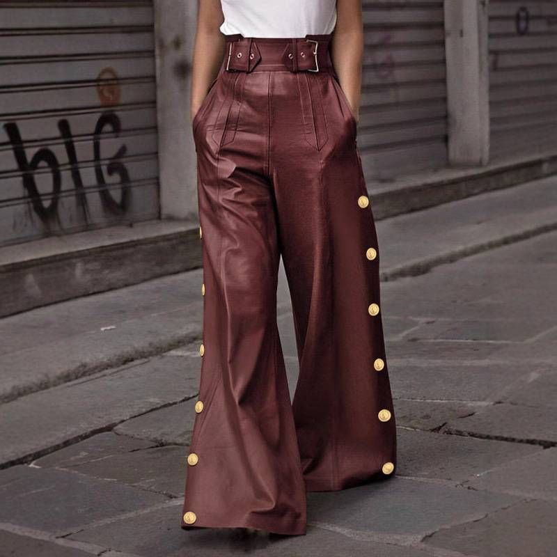Natural Button-Front Wide Leg Pants - Casual Comfort Stretch Polyester Trousers In Black, Burgundy, Army Green (S-XXL)_voghion.com
