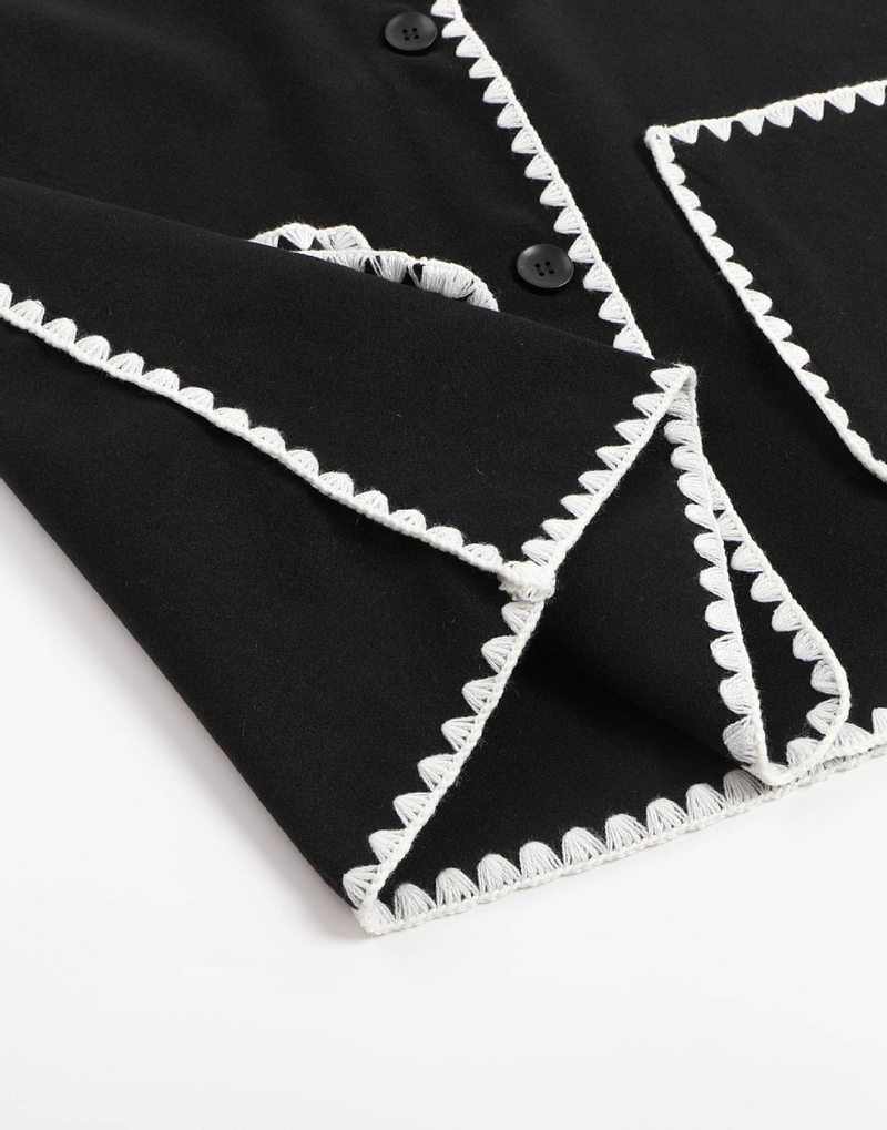 Women’s Fashion Wool-Like Coat – Oversized Tweed Jacket With Scarf & Fringe, Elegant U-Neck, Long Sleeve, Boho Chic_voghion.com