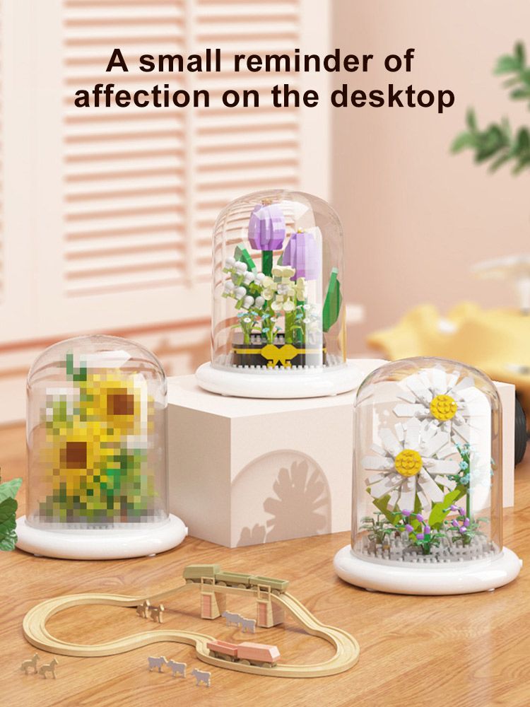 Oświetlenie DIY Zestawy klocków dla dzieci Kompozycje kwiatowe z osłoną przeciwkurzową Tulipan Róża Słonecznik Sukulenty Ogrody Zabawki modelowe_voghion.com
