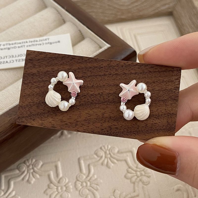 Orecchini pentagramma a forma di stella marina con conchiglia di alta qualità per donna, Akoya, Giappone_voghion.com