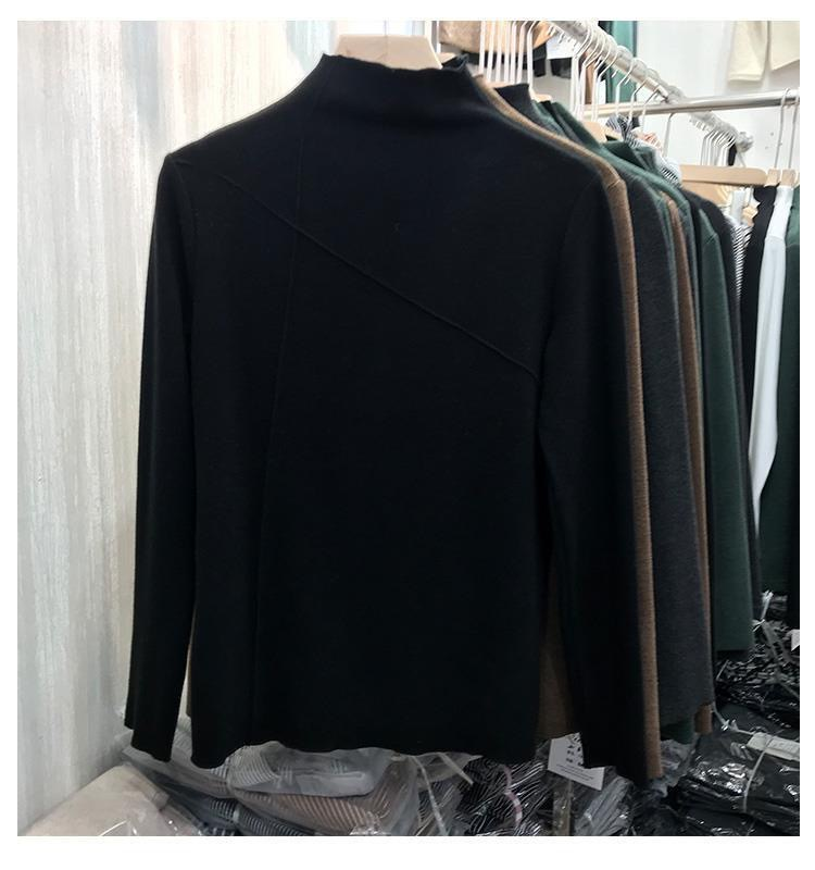 T-shirt da donna a tinta unita con base termica in velluto, nuova maglietta a collo alto e manica lunga_voghion.com