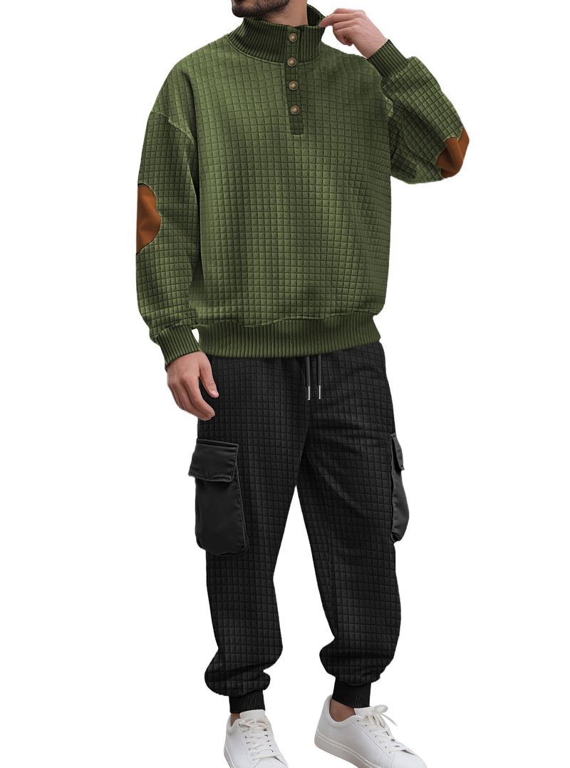 Conjunto de sudadera con capucha y joggers de punto a cuadros para hombre: 2 piezas, estilo informal de negocios, 100 % poliéster, resistente a las arrugas y transpirable._voghion.com