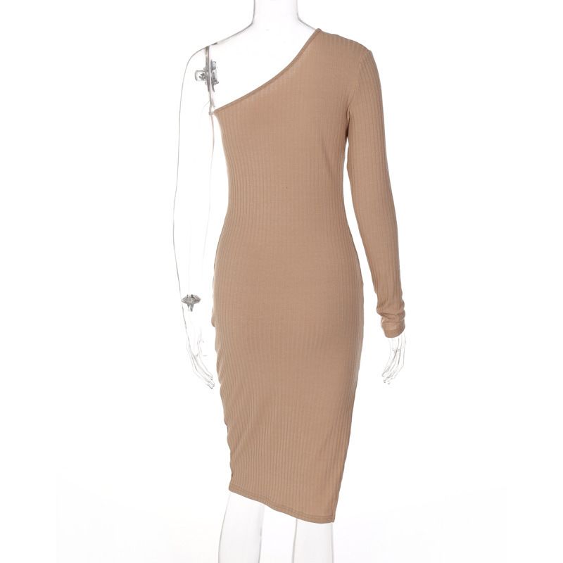Rochie elegantă pentru femei, tricotată, cu crăpături înclinate pe umeri, de culoare uni, la modă_voghion.com