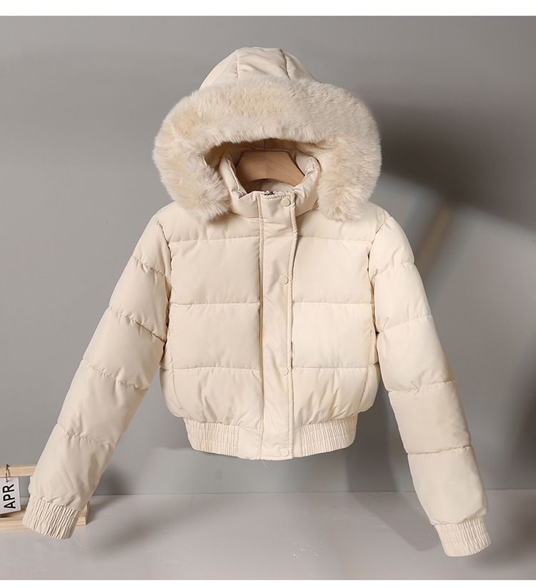 Piumino corto da donna con cappuccio e bordo in pelliccia sintetica - Caldo cappotto invernale foderato in pile per capispalla casual e di piccola taglia, nei colori nero/beige/kaki/marrone_voghion.com