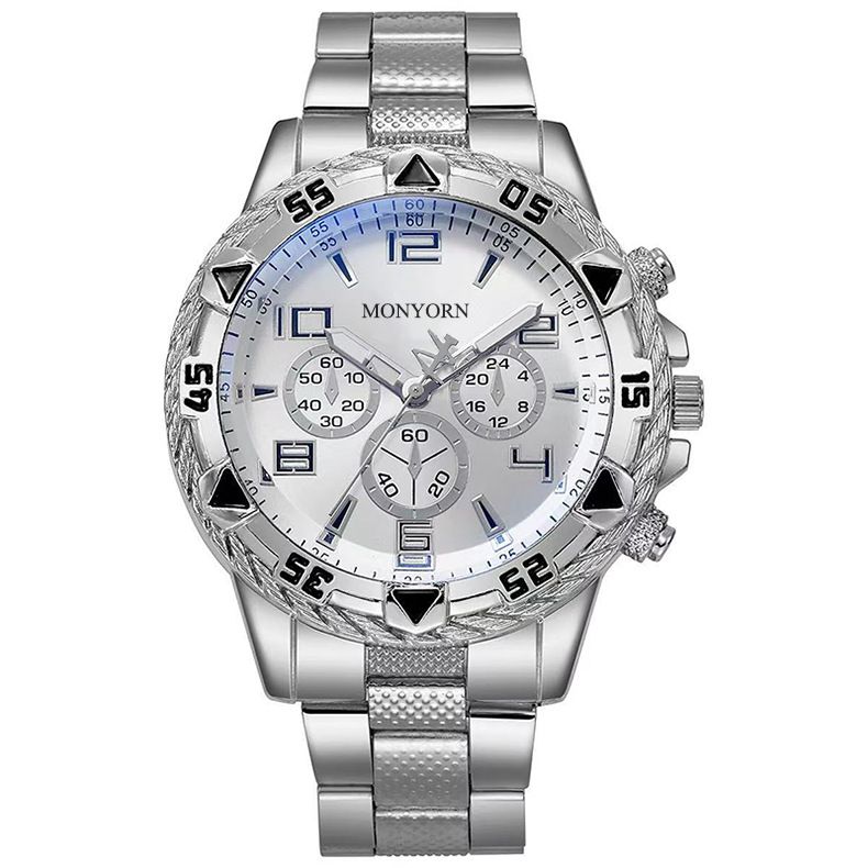 Men's Large Dial Blue Light Steel Band Quartz Watch_voghion.com