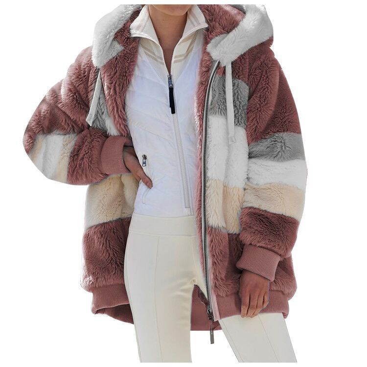 Kadınlar için sıcak peluş patchwork fermuarlı cepli kapşonlu bol ceket_voghion.com