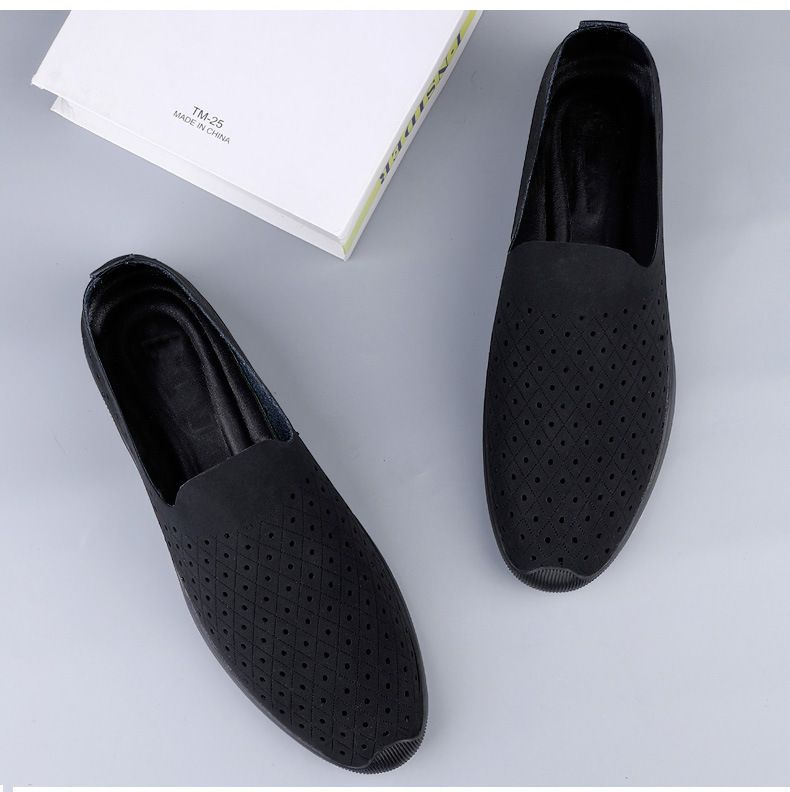 Summer New Hollow Breathable Casual Men's Shoes Doudou Shoes Cow Two-layer Leather British Casual Lazy Loafers_voghion.com