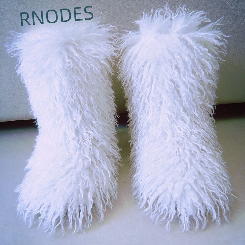 Grenziwwerschreidend europäesch an amerikanesch flaach Absatz héich Pelzstiwwelen waarm Wanter déif Mond Ronn Kapp Fuchs beige Schofspelz Schnéistiwwelen_voghion.com