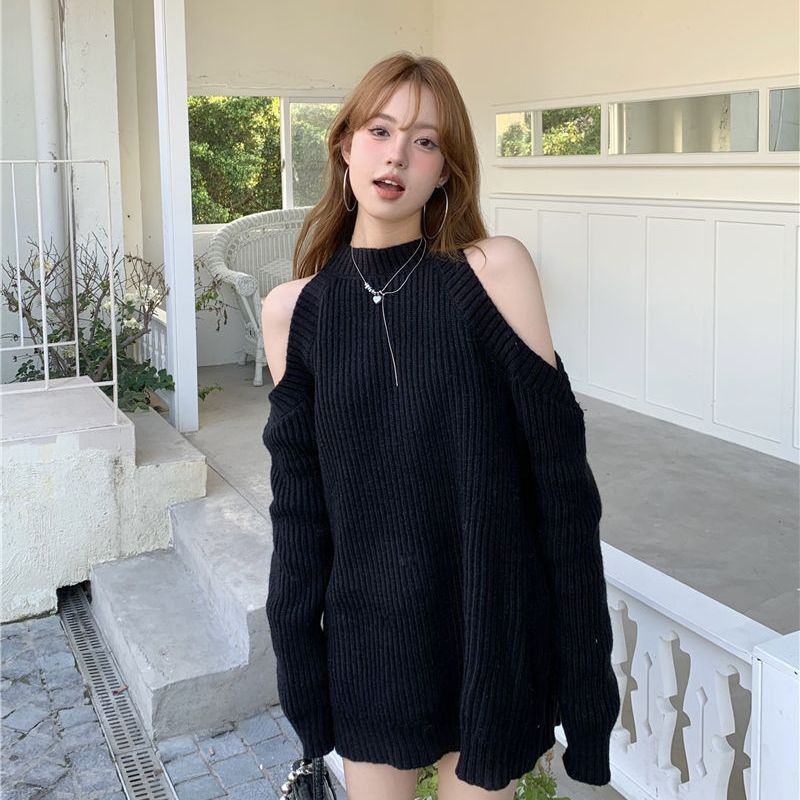 Off-the-shoulder Knitted Sweater Women's Commute Pure Desire Wind Thick Needle Hole Medium And Long Women's Sweater Top Tide_voghion.com