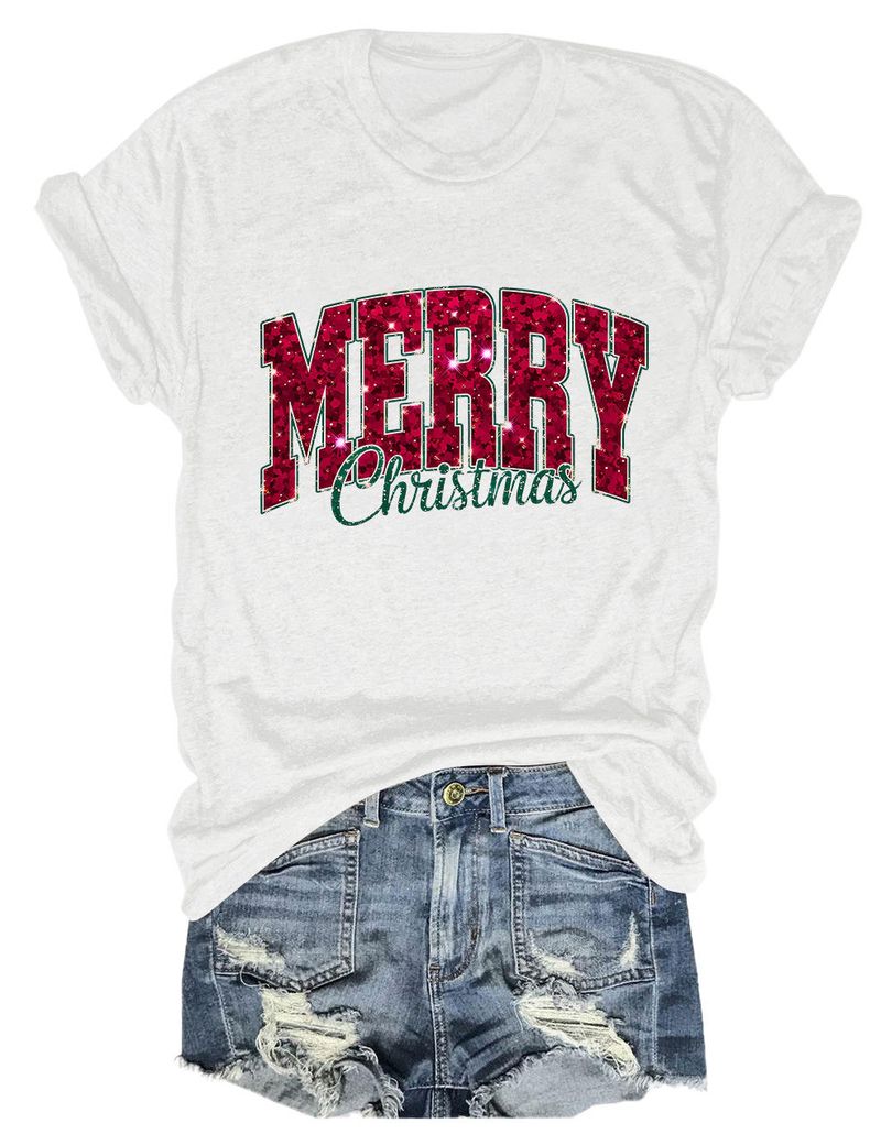 Casual Versatile Women's Merry Christmas Round Neck Short Sleeve T-Shirt Base Shirt_voghion.com