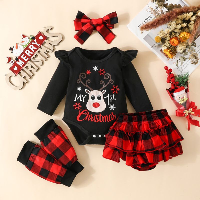 Set natalizio in quattro pezzi per bambino natalizio Abito a triangolo con testa di cervo a maniche lunghe + pantaloncini scozzesi + set di pantaloni + foulard_voghion.com
