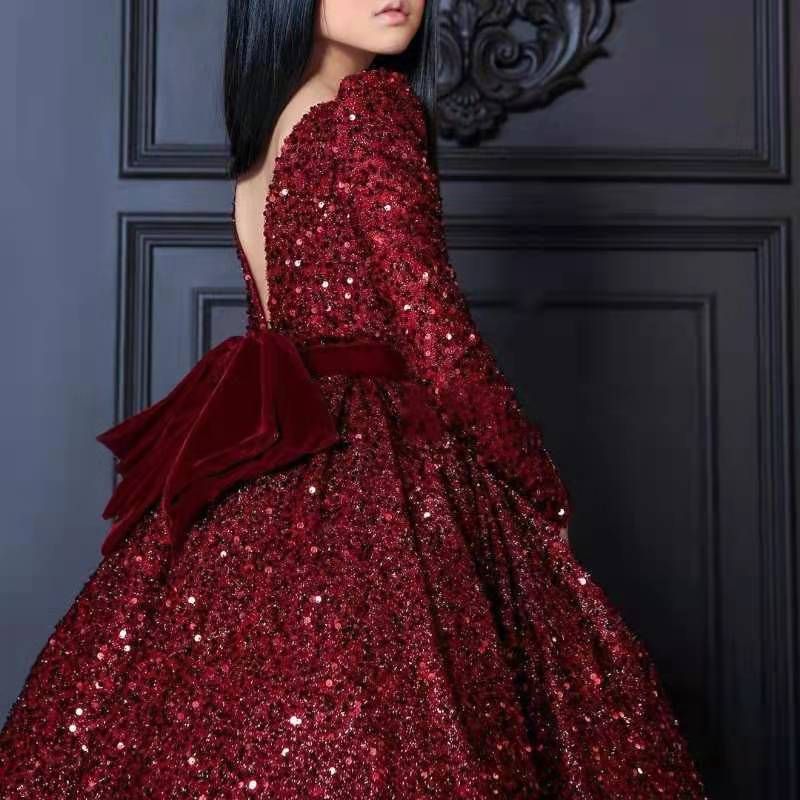 Paillettenbesetztes weißes Prinzessinnenkleid für kleine und mittelgroße Kinder High-End-Bogen-Tutu-Rock Kindergeburtstagsparty-Abendkleid_voghion.com