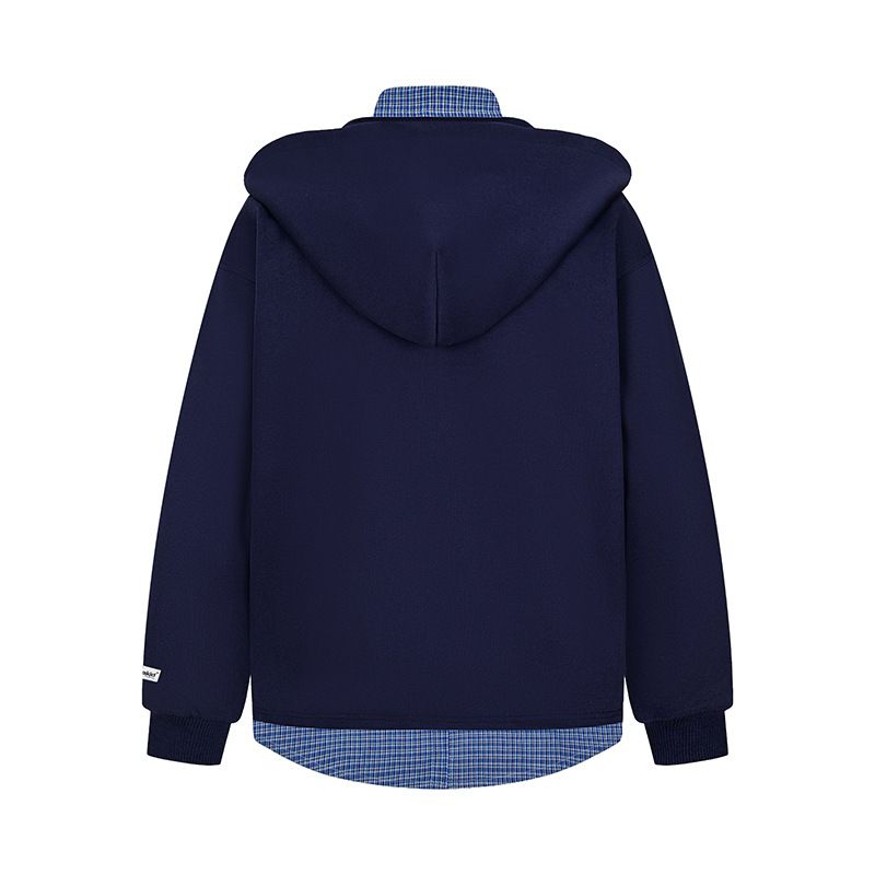 Felpa con cappuccio patchwork a due pezzi con motivo scozzese americano, giacca unisex in stile New College autunnale 2025_voghion.com