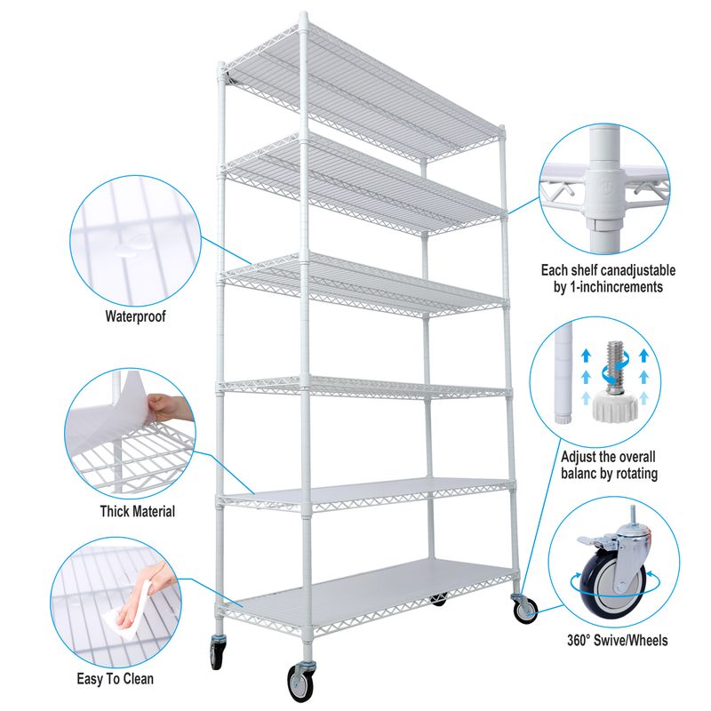 6 Tier 6000lbs Capacity NSF Metal Shelf Wire Shelving Unit, Heavy Duty Adjustable Storage Rack With Wheels & Shelf Liners For Commercial Grade Utility Steel Storage Rack, White - 84"H X 48"L X 20"D_voghion.com