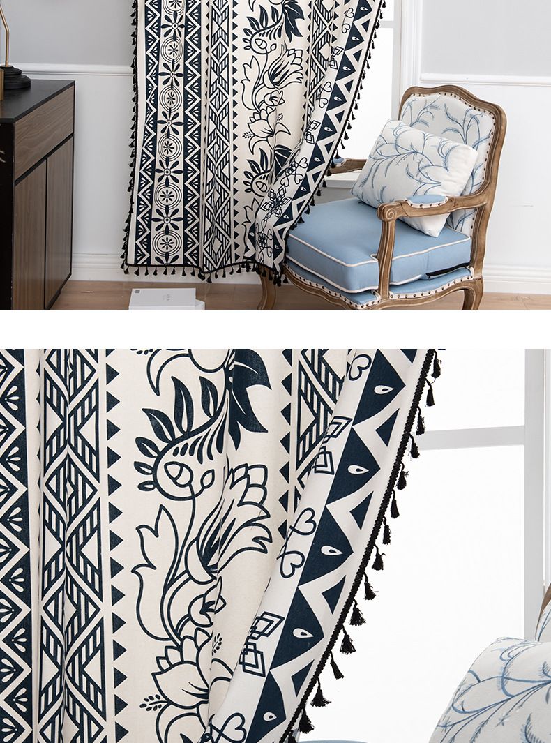 Baumwolle und Leinen Drucke Schwarze Quasten Bohème-Stil Küche Erkerfenster_voghion.com