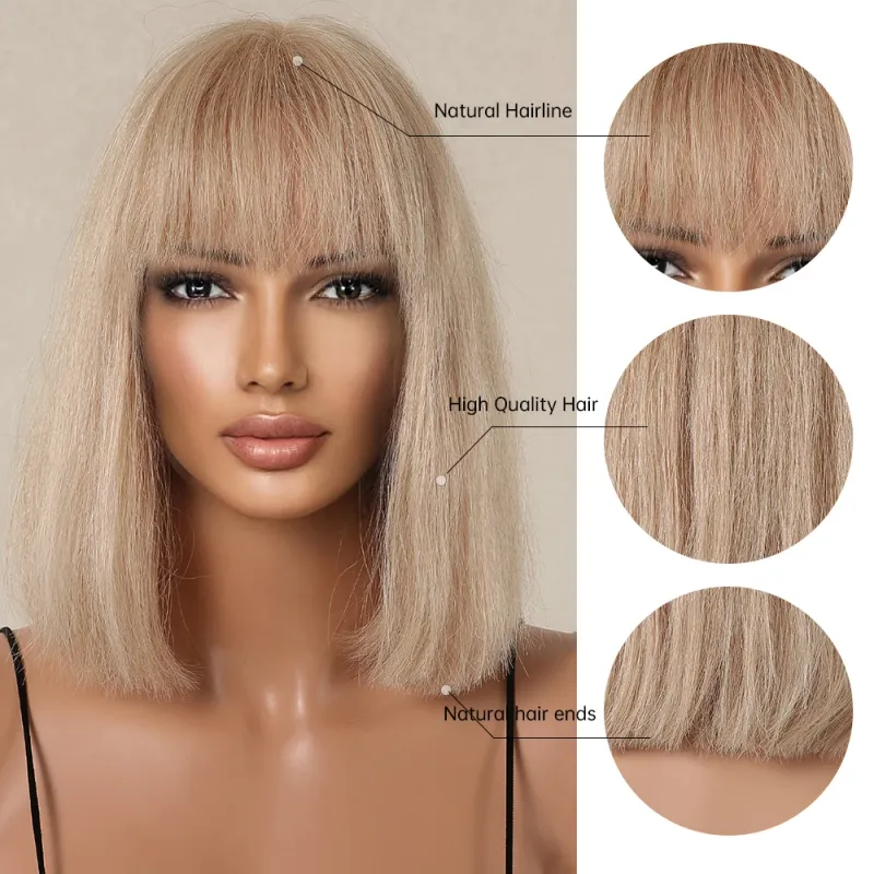 Honigblonder Bob, 100 % Remy-Menschenhaar, für Damen, kurze, natürliche, glatte Perücken, Pony, 10 Zoll, Perücke für den Alltag_voghion.com