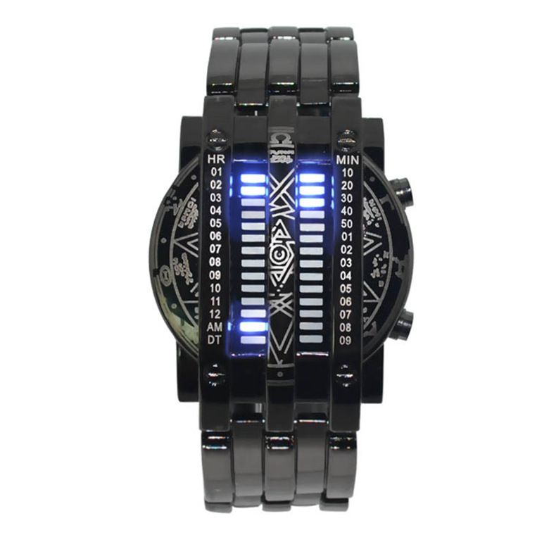 Relógio Digital Binário LED Masculino - Cronógrafo Empresarial Elegante com Pulseira de Corrente, Calendário e Mostrador Mensal, Resistente à Água_voghion.com