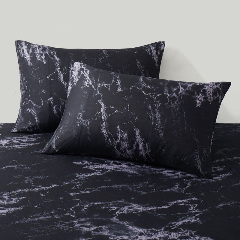 Sábana ajustable de mármol blanco y negro - Funda de poliéster con impresión 3D (tamaño Queen/King, bolsillo profundo, resistente a las arrugas, estilo hotel de lujo)_voghion.com