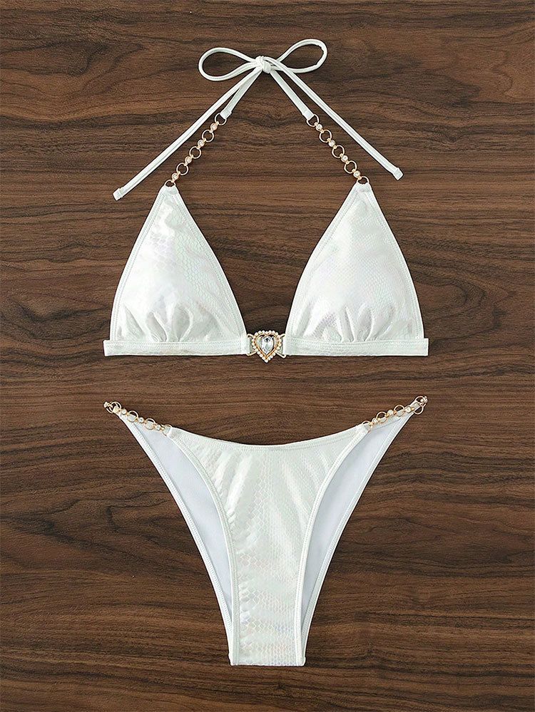 Sexigt bikiniset med snörning för kvinnor - Enfärgade bronsfärgade badkläder för strand och pool_voghion.com