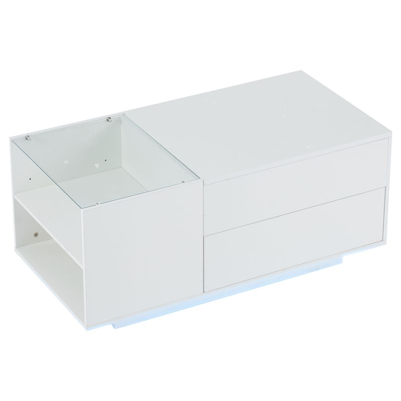 Table basse réglable en hauteur 95 x 48 x 42 cm avec rangement dissimulé, éclairage LED, tiroir et prise – Table d'appoint de salon blanche_voghion.com