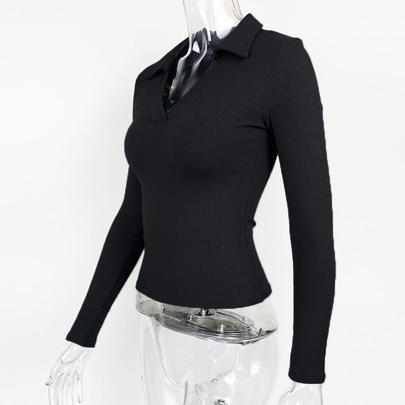 T-shirt da donna elegante con collo alto e maniche lunghe a V profonda in cotone attillato_voghion.com