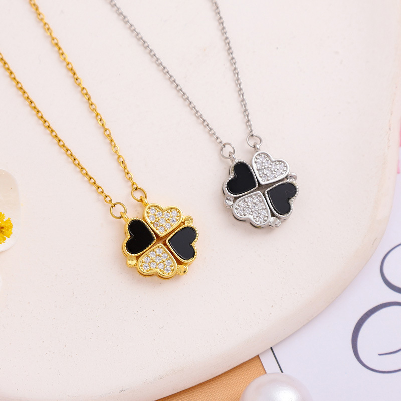 Edelstahl Herz Vierblättriges Kleeblatt Magnetische Falthalskette für Frauen Mädchen Anhänger Luxus Designer Schmuck Geschenk_voghion.com
