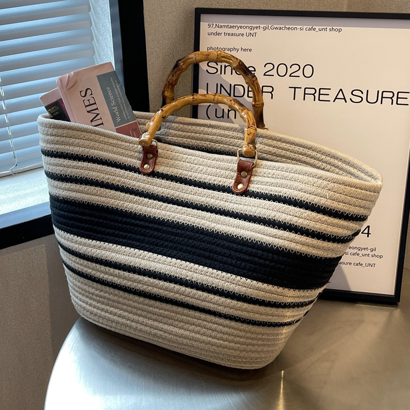 Temperament Popular Woven Women's Bag New Fashion Tote Bag Splicing Single Shoulder Large Capacity Bamboo Joint Hand Bag_voghion.com