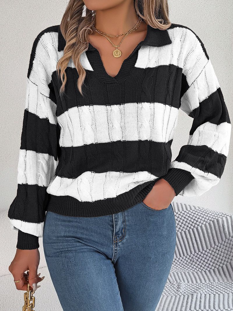 Maglione lavorato a trecce per donna Maglione con maniche a lanterna all'uncinetto, colletto con revers e scollo a V a righe_voghion.com