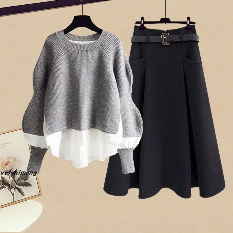 Dameskleding Grote maten Dames Herfstpakken Voor Vrouwen Nieuwe Stijl Luie Stijl Tweedelige Tops Slanke Rok Tweedelig Pak_voghion.com