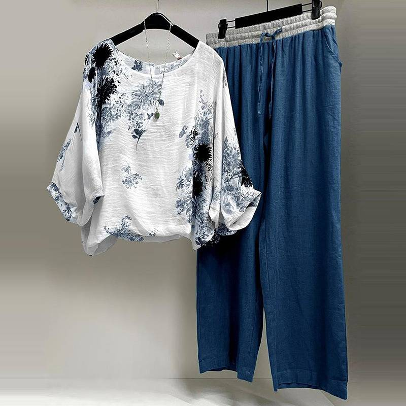 Roupas femininas Moda Ternos Femininos Elegantes Algodão E Linho Terno De Duas Peças_voghion.com