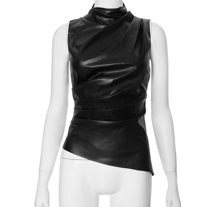 Canotta da donna Y2K Vintage Pu semplice e basica, a vita alta, attillata, con taglio a taglio, senza maniche, versatile, nobile_voghion.com