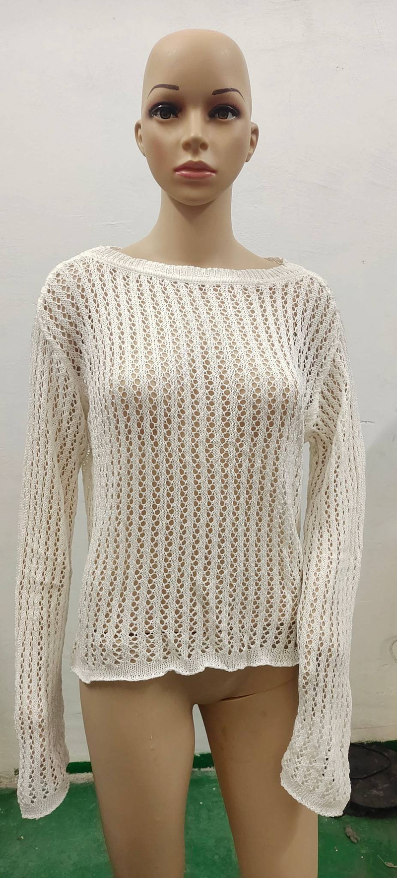 Casual Weiß Pullover Pullover Aushöhlen Fishnet Sommer Mode Lose Smock Langarm Y2k Löcher Hemd Frauen Harajuku_voghion.com