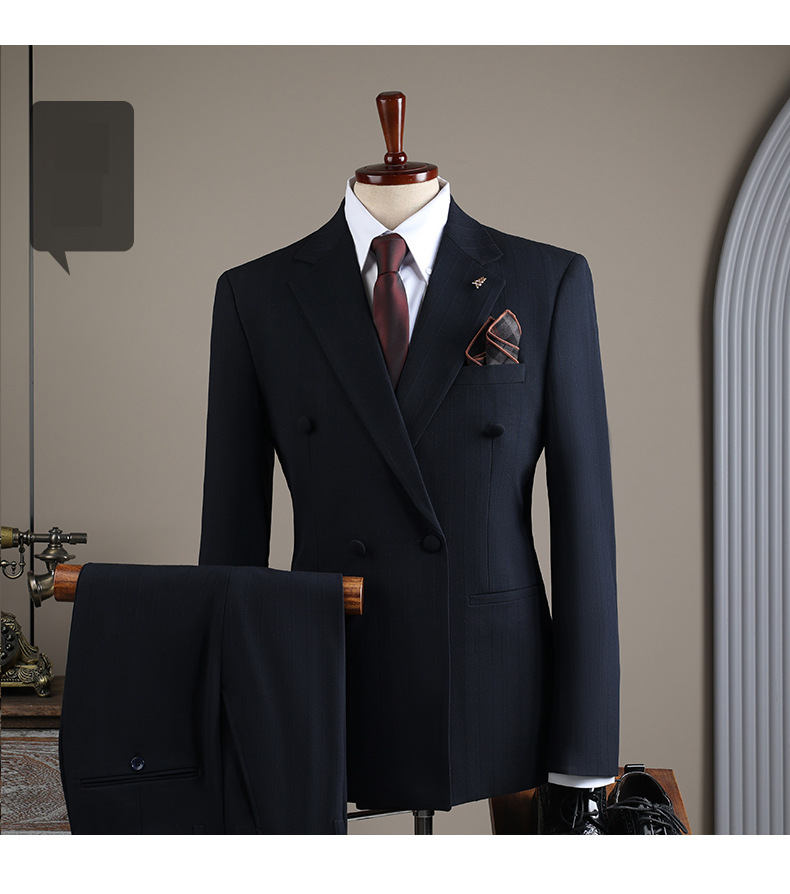 Herenkleding Premium Double-Breasted gestreepte pakset - Formeel en casual bruiloft smoking, zakelijke blazer met vest opties (bruin, marineblauw, zwart)_voghion.com