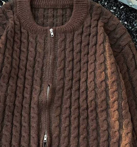 Herren-Strickpullover mit Farbblock-Zopfmuster und Reißverschluss, lässige, lockere Passform, kurze Jacke für Herbst- und Wintermode_voghion.com