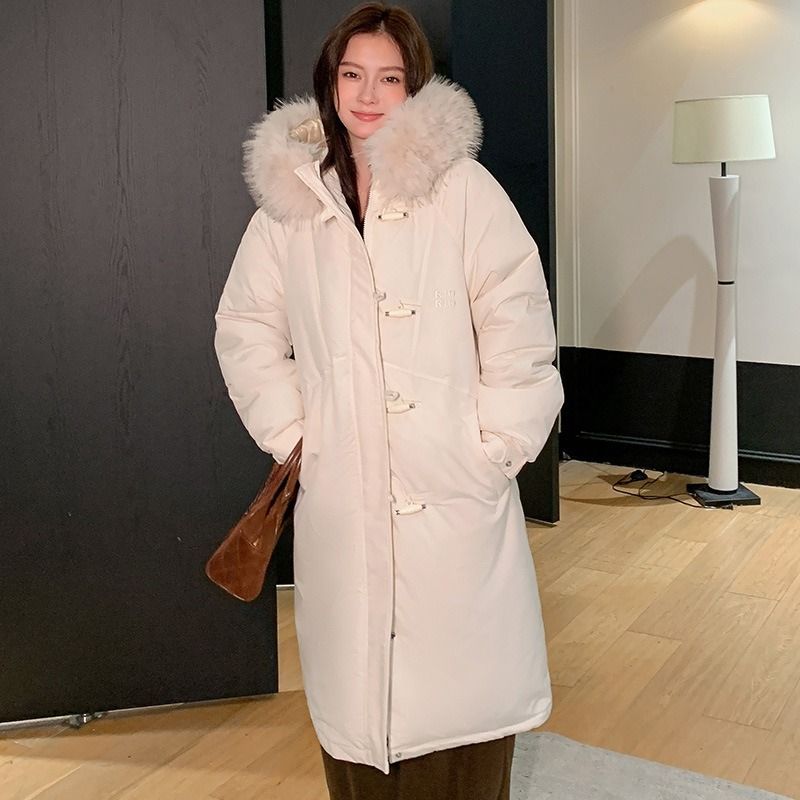 Übergroßer Puffermantel mit Kapuze und abnehmbarem Kunstpelzbesatz für Damen, lange Winterjacke in Schwarz/Grau/Creme_voghion.com