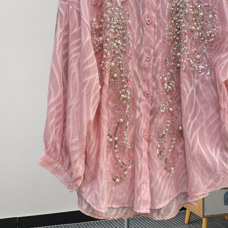 Damenbekleidung All Match Langarmhemd Design Niche Mittellanges Hemd mit schweren Pailletten und Diamanten_voghion.com