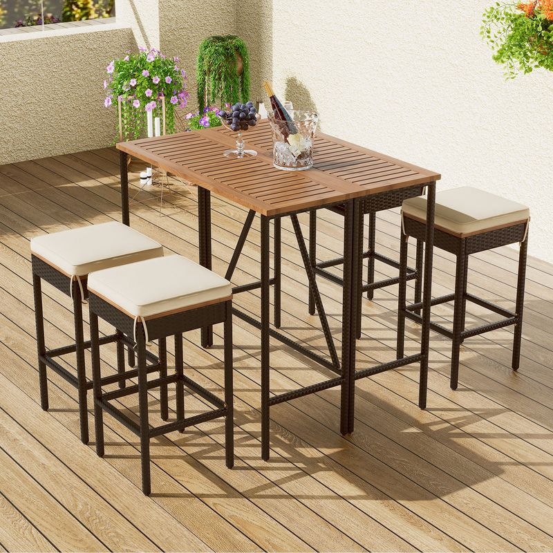 5-Piece Outdoor Acacia Wood Bar Height Table And Four Stools With Cushions, Garden PE Rattan Wicker Dining Table, Foldable Tabletop, High-Dining Bistro Set, All-Weather Patio Furniture, Brown_voghion.com