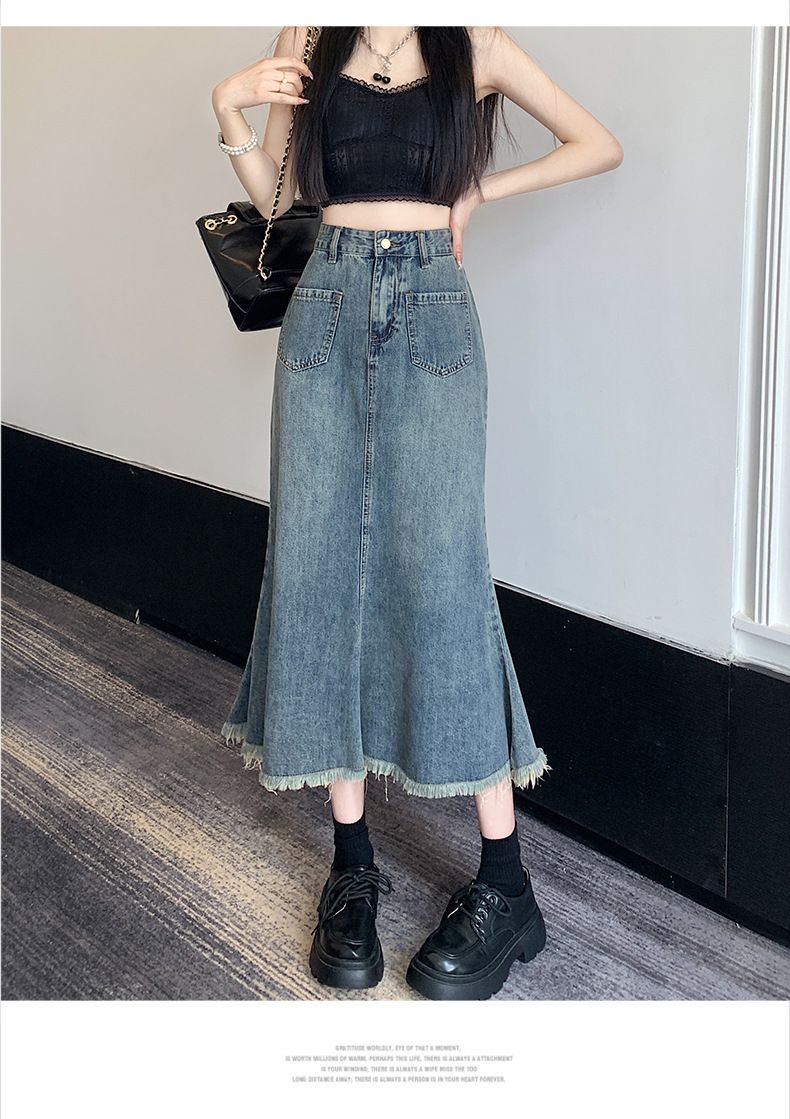 Rugged denim half women's summer ins style, niche high waisted and hip wrapped skirt, mid length A-line skirt trend_voghion.com