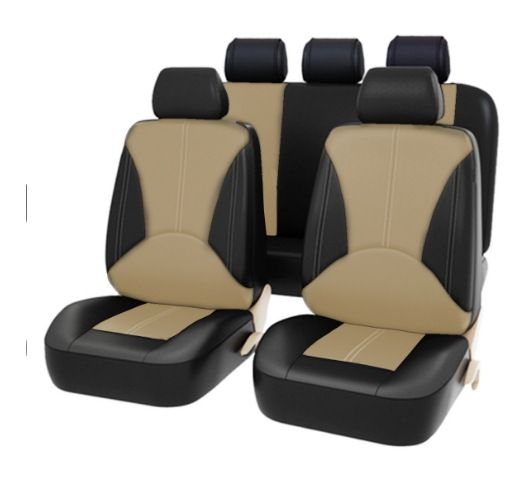 PU lederen autostoelhoes kunstleer vier seizoenen universeel zitkussen 5-zits auto universele stijl beige stiksels leer_voghion.com