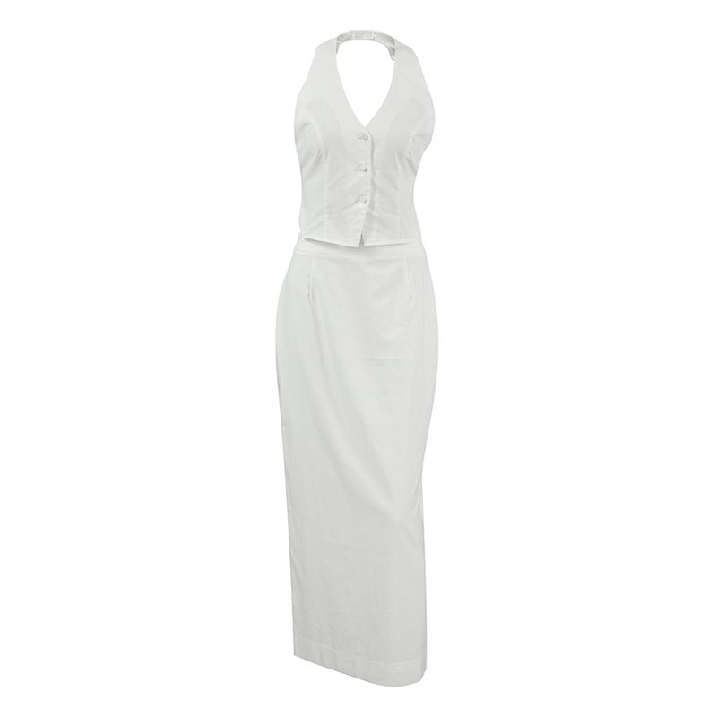 2025 Abito lungo in cotone e lino con scollo all'americana, due pezzi, per donna, moda autunnale, gilet bianco, abbigliamento da donna_voghion.com