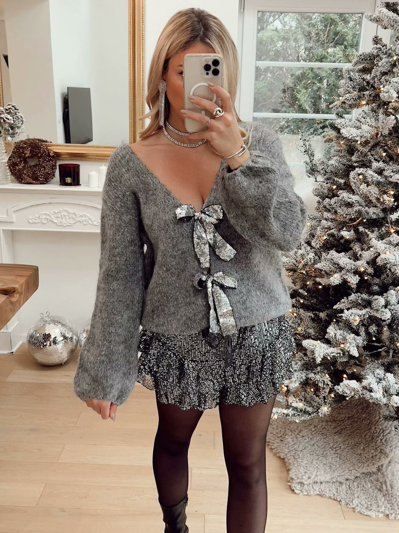 Cardigan en tricot ample à paillettes, deux couleurs, avec nœud de personnalité décoré, à la mode pour femmes_voghion.com