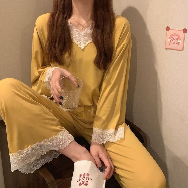 Pigiama casual e comodo in seta ghiacciata da donna, estivo e autunnale, nuovo set di due pezzi in pizzo con pantaloni a maniche lunghe_voghion.com