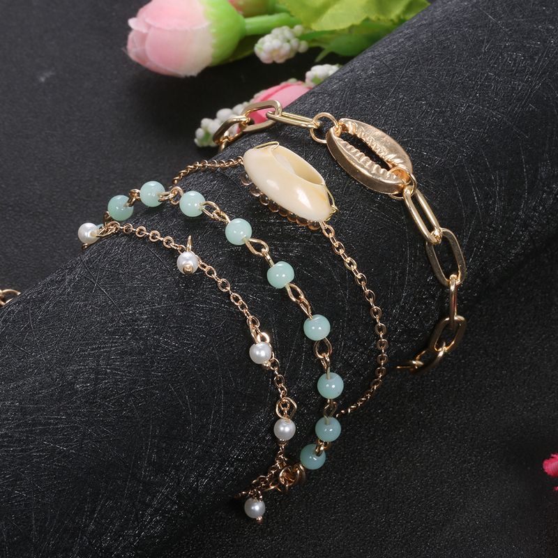Personalized Gold Shell Exaggerated Chain Bracelet Handwoven Jelly Color Beaded Pearl Set Of 4_voghion.com