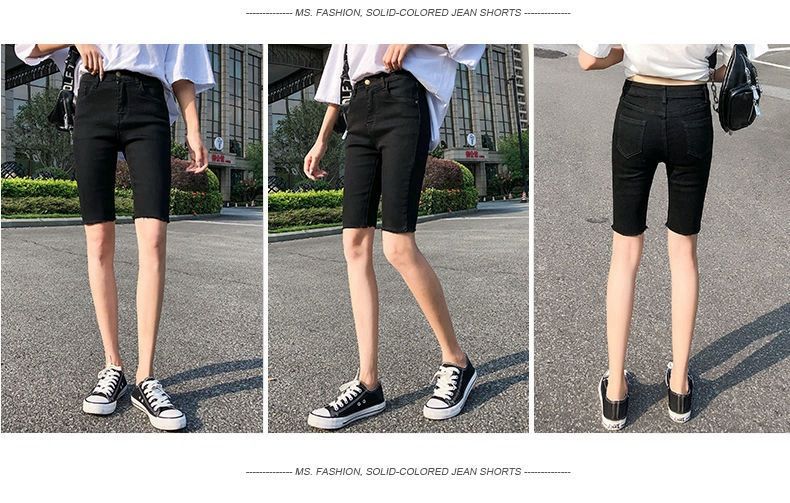 Xia 2024 Nuovi pantaloncini in denim sottile da donna a vita alta neri snellenti elastici attillati 5/4 pantaloni da ciclista_voghion.com