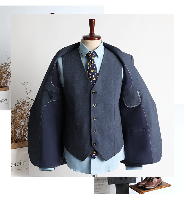 Dreiteiliges Slim Fit-Anzugset für Herren mit blauen Streifen – Eleganter Hochzeits- und Businessanzug mit Weste und Hose_voghion.com