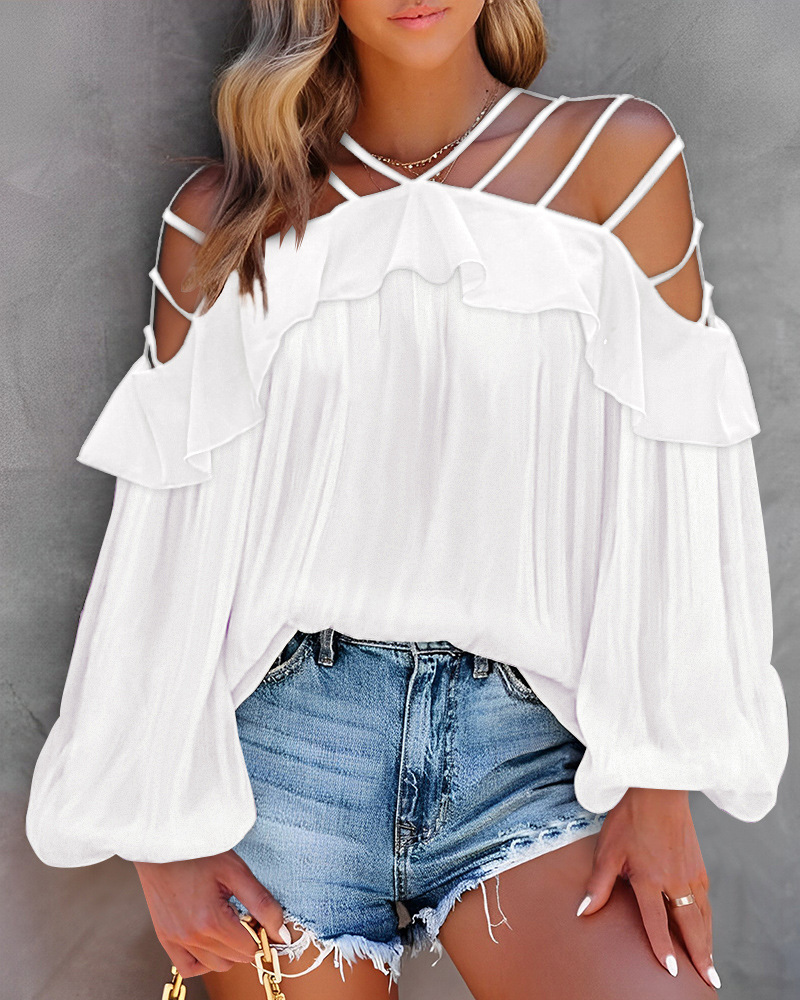 Top da donna a maniche lunghe con volant e spalle scoperte, vestibilità slim, molto venduto_voghion.com