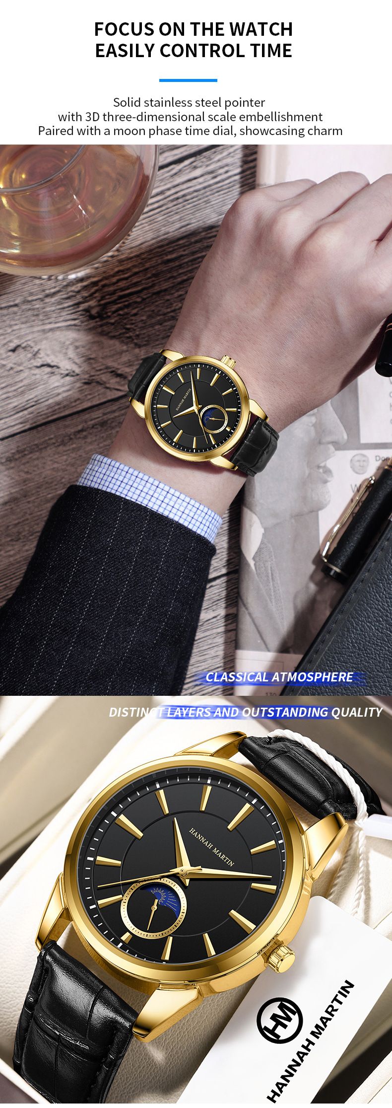 Klassische, minimalistische, wasserdichte Quarzuhr für Herren mit echtem Lederarmband, Edelstahlgehäuse und Mineralglas._voghion.com
