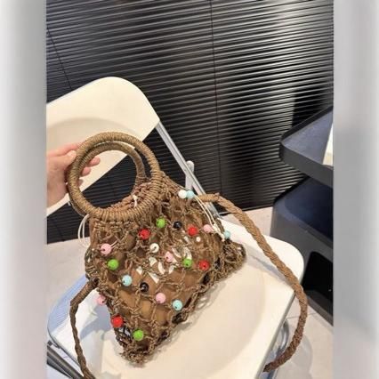 Tagi Borsa a tracolla da donna, versatile, con tracolla rotonda in legno di frutta, con perline cave, primavera ed estate._voghion.com